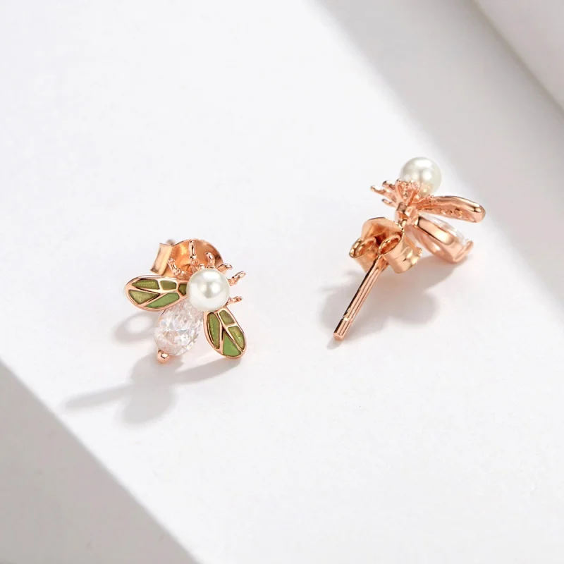 (image for) Pandora Style Rose Gold Bee Form with Pearl Stud Earrings - SCE643 - View 6