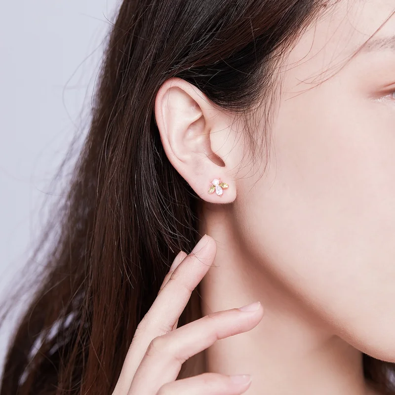 (image for) Pandora Style Rose Gold Bee Form with Pearl Stud Earrings - SCE643 - View 7