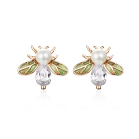 Pandora Style Rose Gold Bee Form with Pearl Stud Earrings - SCE643 Pandora Style Rose Gold Bee Form with Pearl Stud Earrings - SCE643