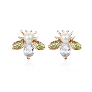 (image for) Pandora Style Rose Gold Bee Form with Pearl Stud Earrings - SCE643