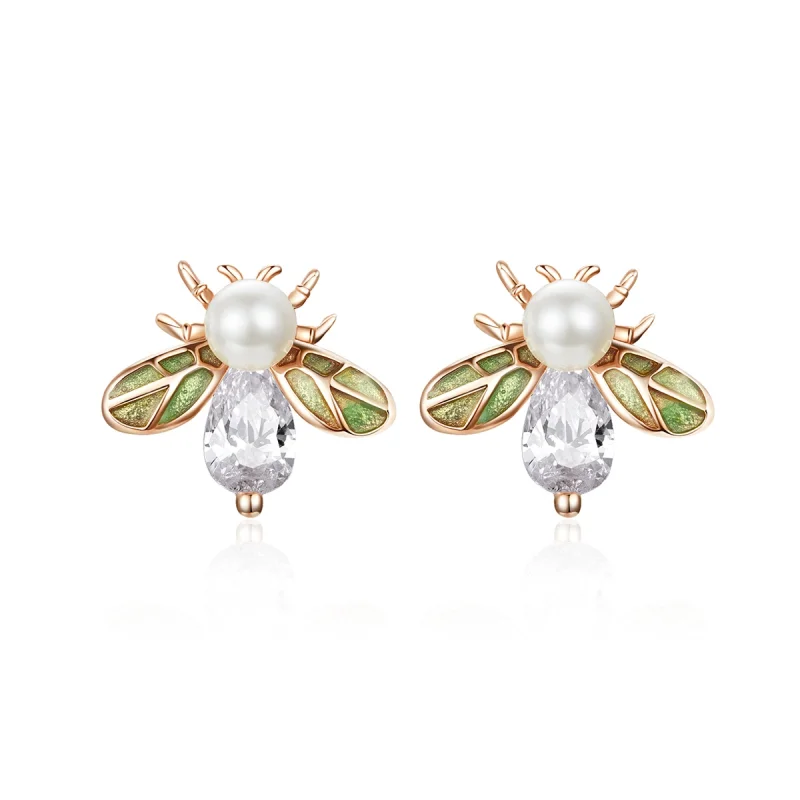 (image for) Pandora Style Rose Gold Bee Form with Pearl Stud Earrings - SCE643 - Product Image