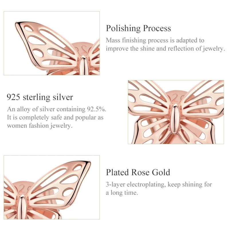 (image for) Pandora Style Rose Gold Butterfly Stud Earrings - SCE452-C - View 3