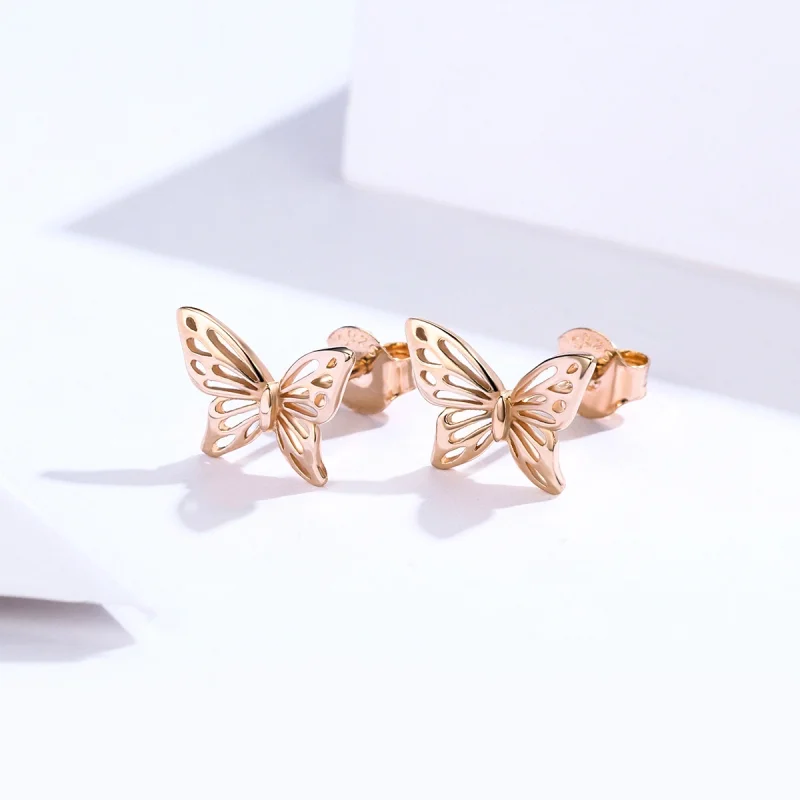 (image for) Pandora Style Rose Gold Butterfly Stud Earrings - SCE452-C - View 2