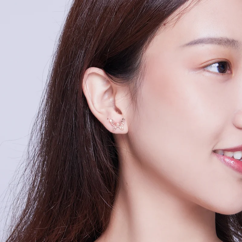 (image for) Pandora Style Rose Gold Butterfly Stud Earrings - SCE452-C - View 5