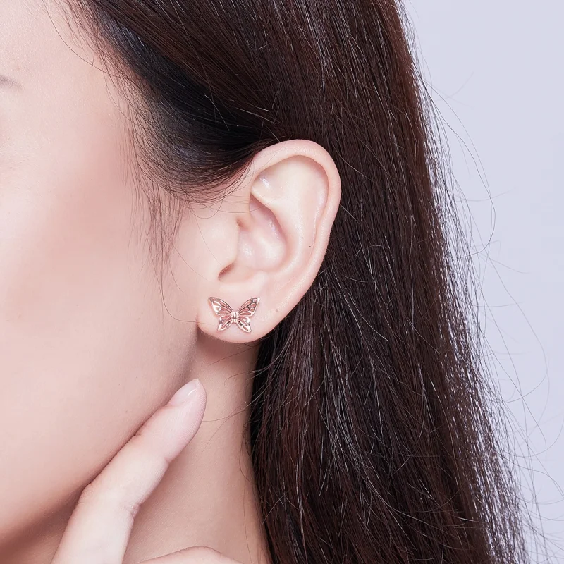 (image for) Pandora Style Rose Gold Butterfly Stud Earrings - SCE452-C - View 7