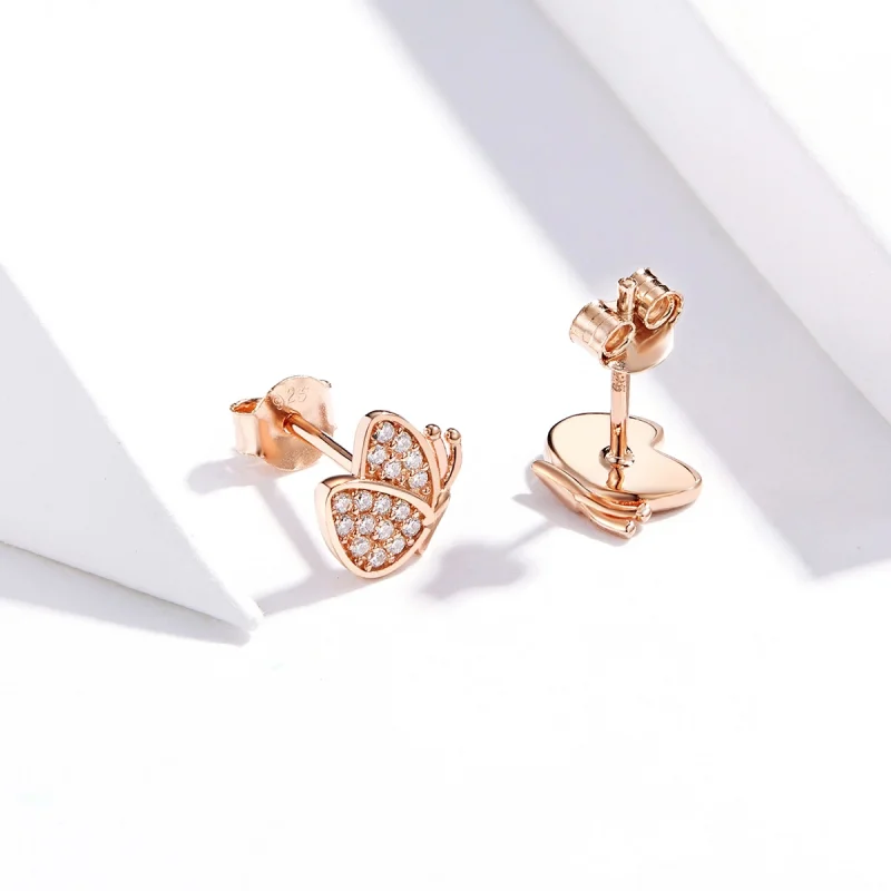 (image for) Pandora Style Rose Gold Butterfly Stud Earrings - SCE776 - View 2