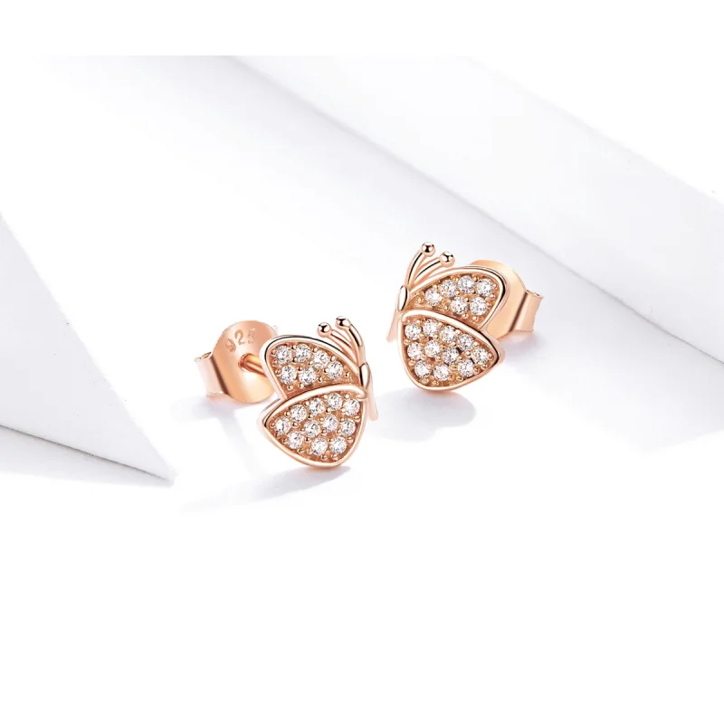 (image for) Pandora Style Rose Gold Butterfly Stud Earrings - SCE776 - View 3