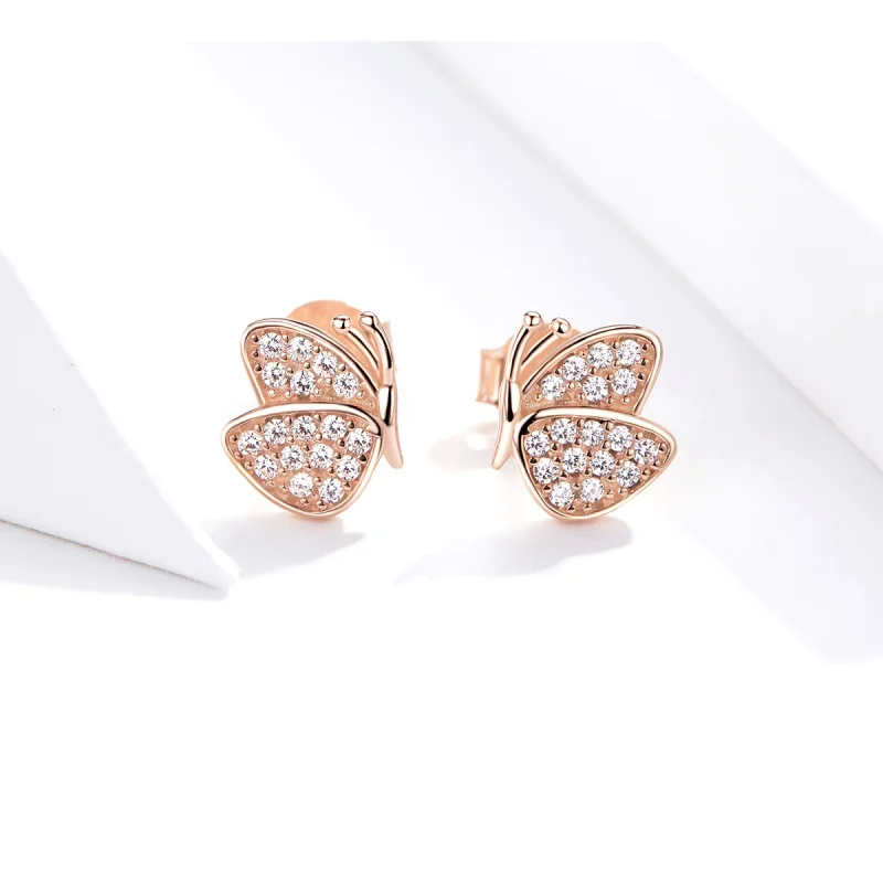 (image for) Pandora Style Rose Gold Butterfly Stud Earrings - SCE776 - View 4