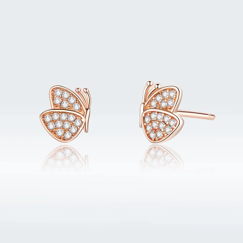 (image for) Pandora Style Rose Gold Butterfly Stud Earrings - SCE776 - Product Image