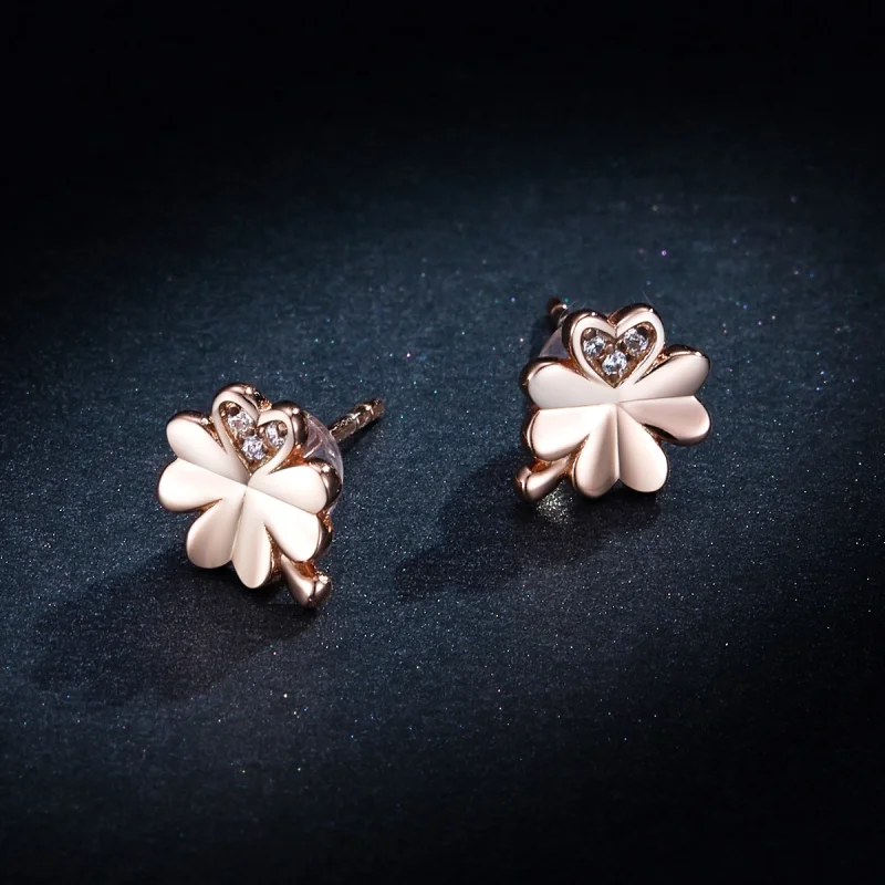 (image for) Pandora Style Rose Gold Clover Stud Earrings - BSE233 - View 8