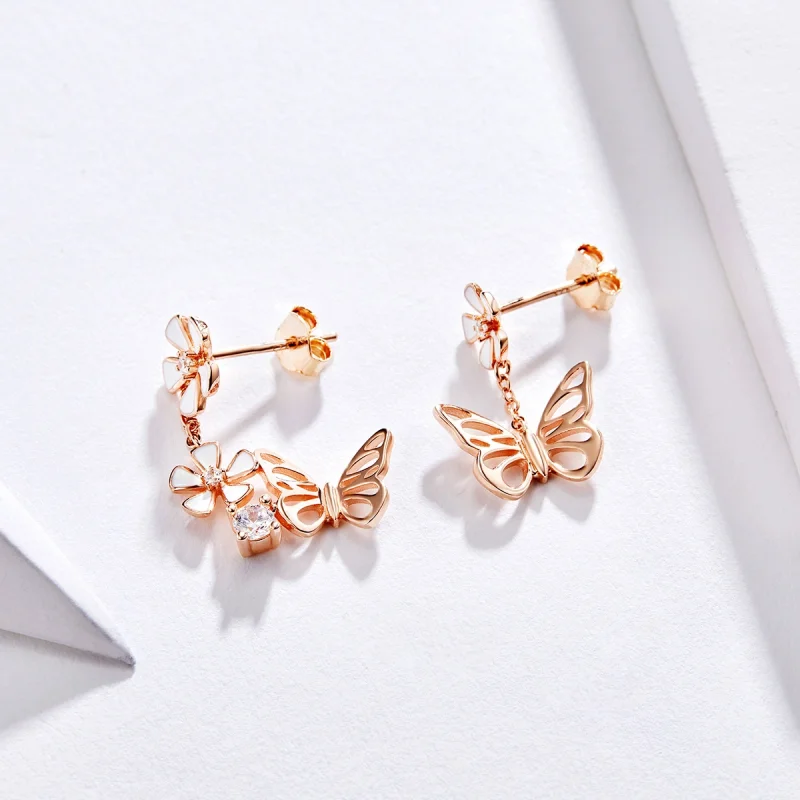 (image for) Pandora Style Rose Gold Dancing Butterfly Dangle Earrings - BSE100 - View 4
