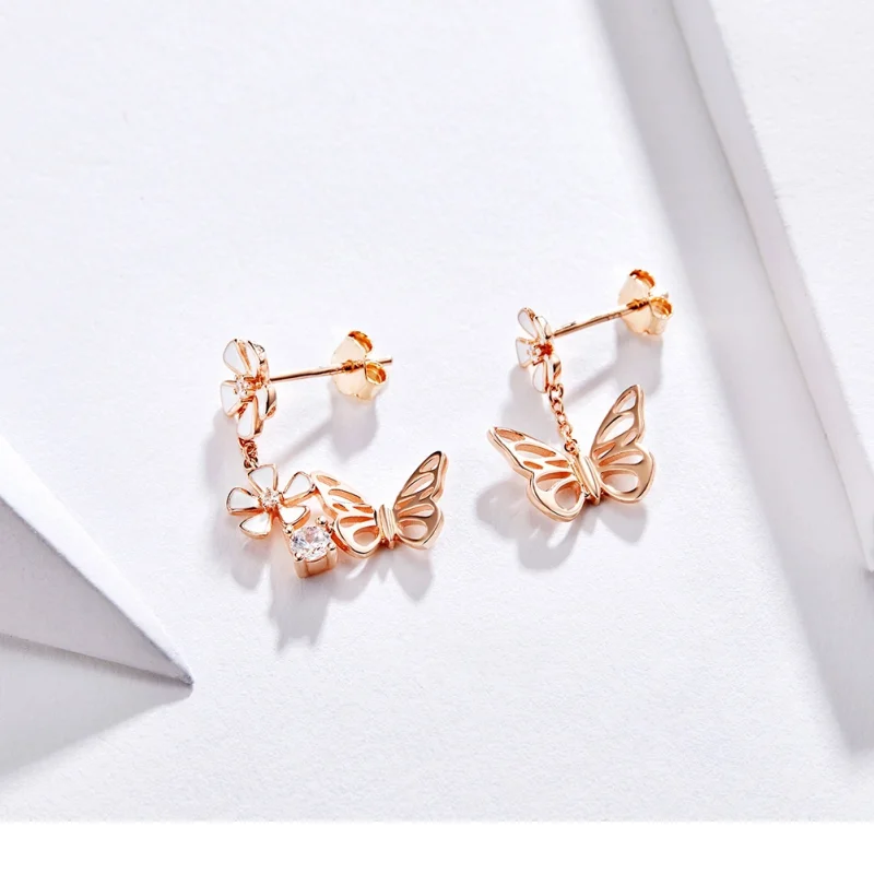 (image for) Pandora Style Rose Gold Dancing Butterfly Dangle Earrings - BSE100 - View 7