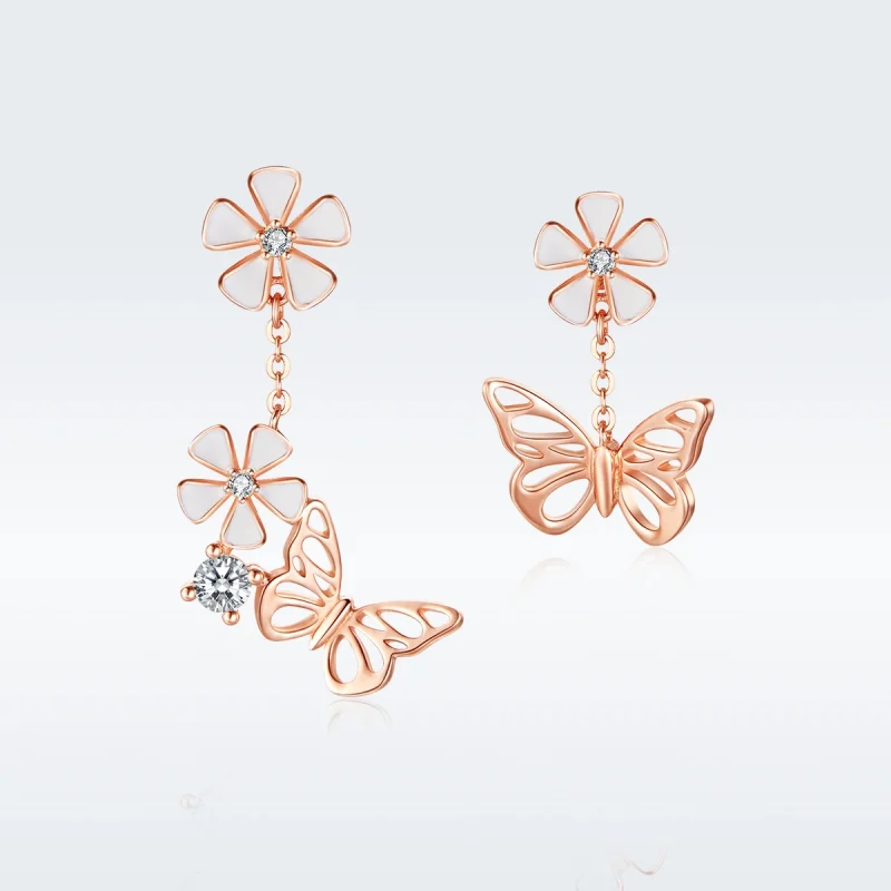 (image for) Pandora Style Rose Gold Dancing Butterfly Dangle Earrings - BSE100 - Product Image