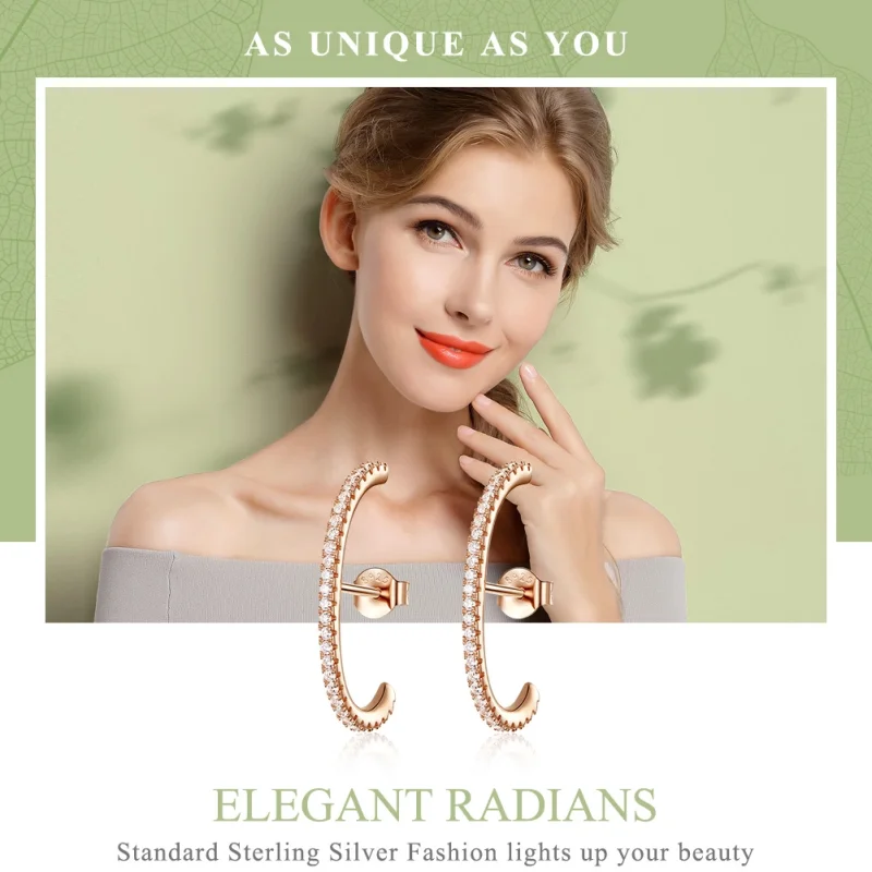 (image for) Pandora Style Rose Gold Elegant Radians Hoop Earrings - SCE548 - View 2