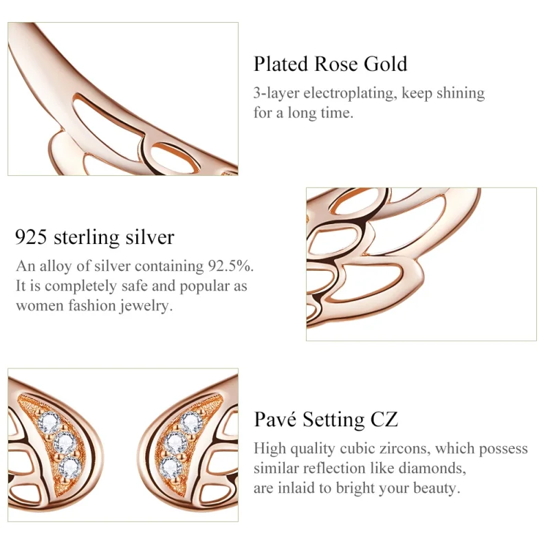 (image for) Pandora Style Rose Gold Elf Wings Stud Earrings - SCE343-C - View 3