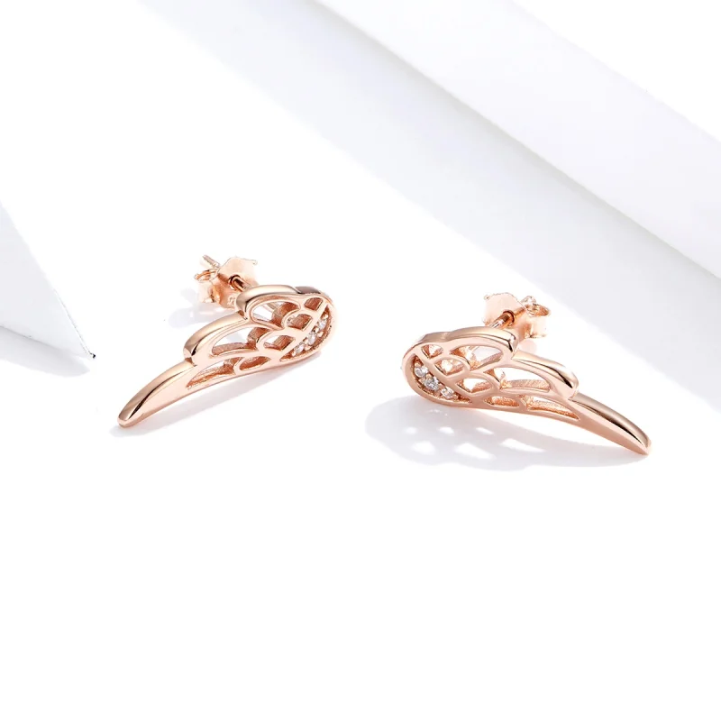 (image for) Pandora Style Rose Gold Elf Wings Stud Earrings - SCE343-C - View 4
