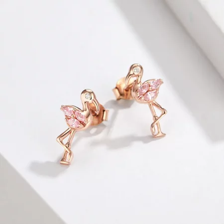 Pandora Style Rose Gold Flamingos Stud Earrings - BSE120
