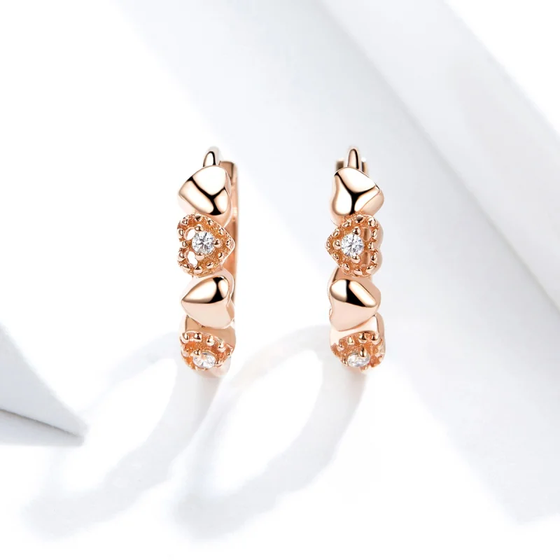 (image for) Pandora Style Rose Gold Hearts Dating Hoop Earrings - SCE445-C - View 5