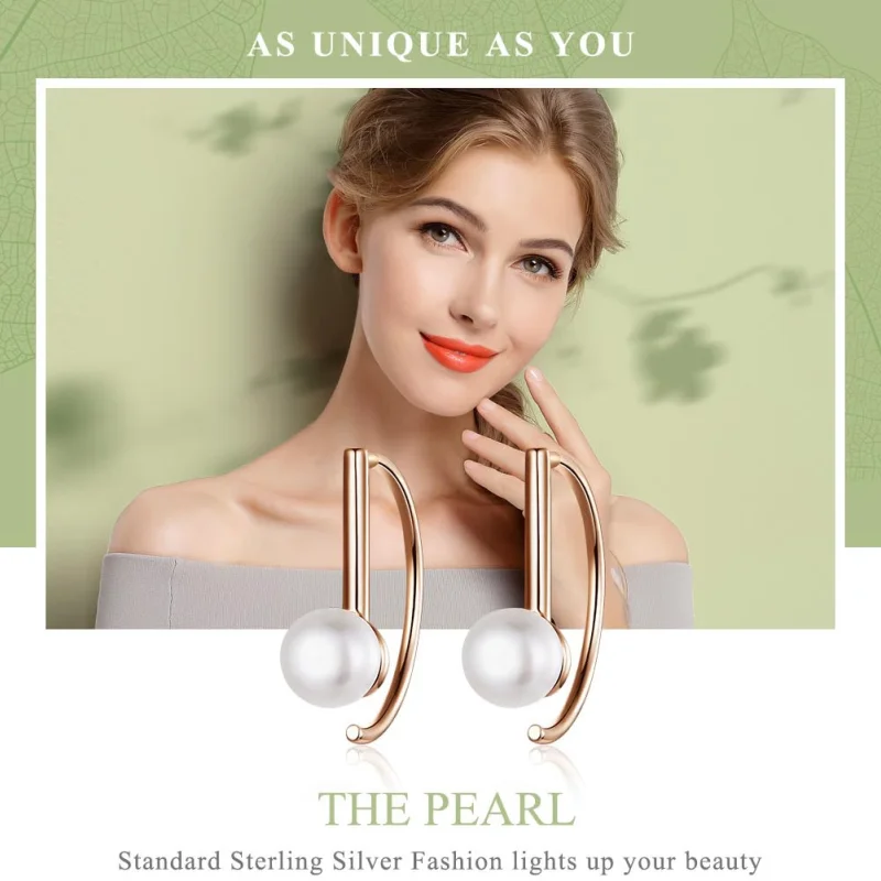 (image for) Pandora Style Rose Gold Pearl Hanging Earrings - SCE604 - View 2