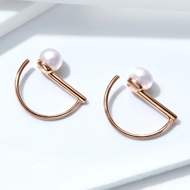 (image for) Pandora Style Rose Gold Pearl Hanging Earrings - SCE604 - View 6