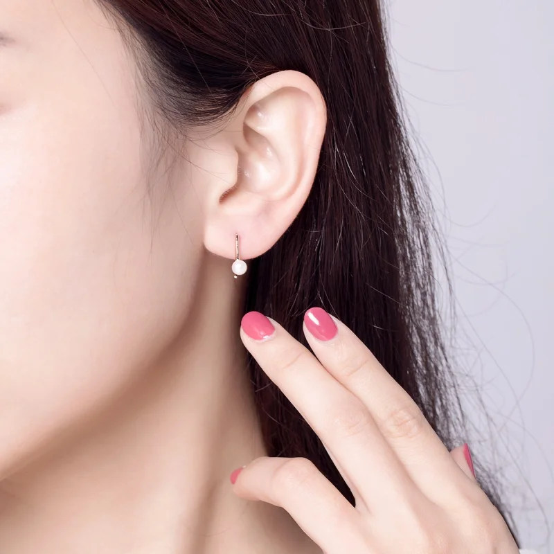 (image for) Pandora Style Rose Gold Pearl Hanging Earrings - SCE604 - View 7