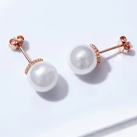 Pandora Style Rose Gold Pearl Stud Earrings - SCE609