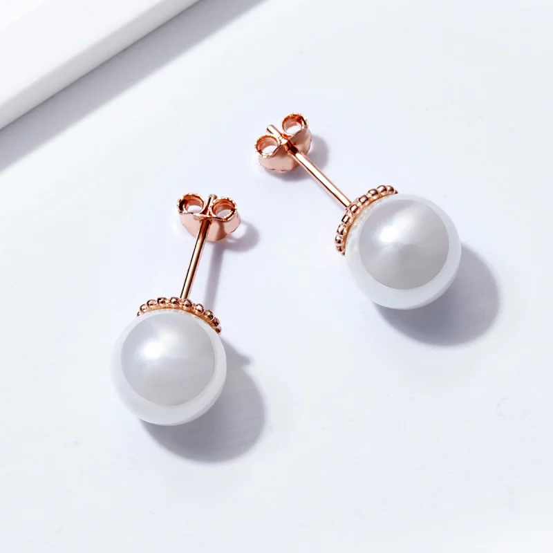 (image for) Pandora Style Rose Gold Pearl Stud Earrings - SCE609 - View 6