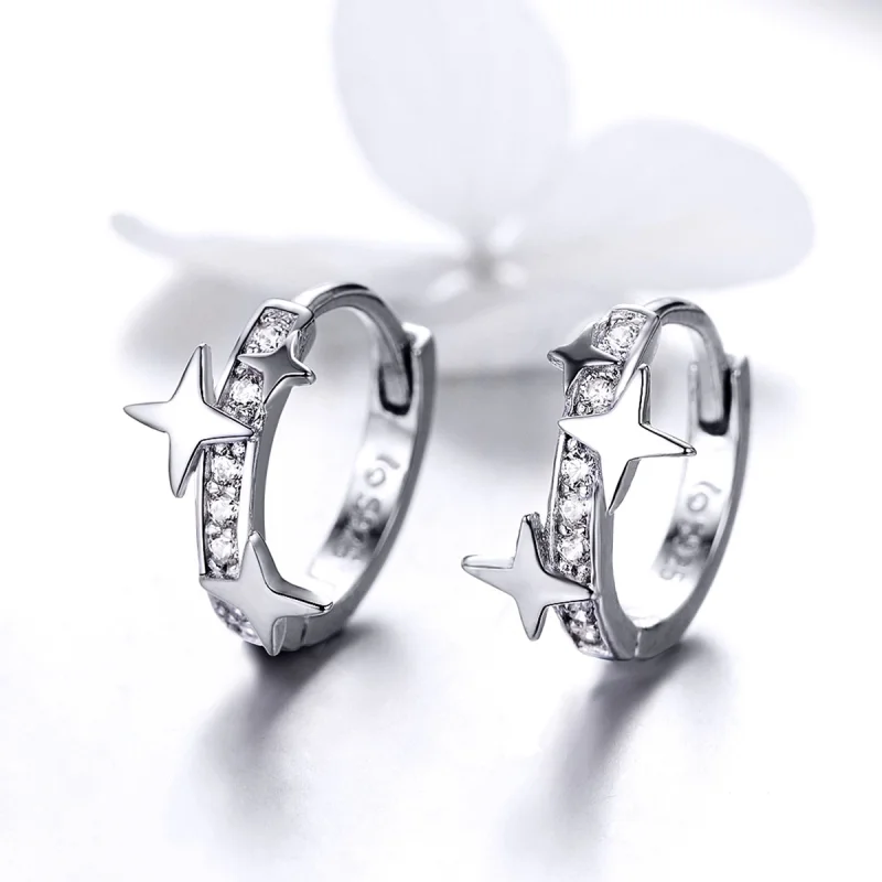 (image for) Pandora Style Silver A Star of Wish Hoop Earrings - BSE076 - View 2