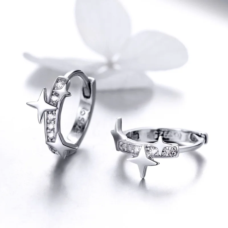 (image for) Pandora Style Silver A Star of Wish Hoop Earrings - BSE076 - View 3
