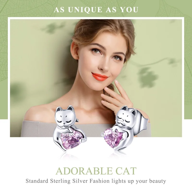 (image for) Pandora Style Silver Adorable Cat Stud Earrings - SCE453 - View 2