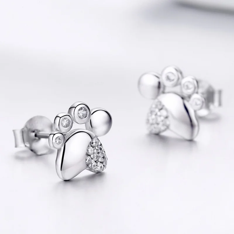 (image for) Pandora Style Silver Anti-Allergy Cute Kitten Footprints Stud Earrings - BSE033 - View 3