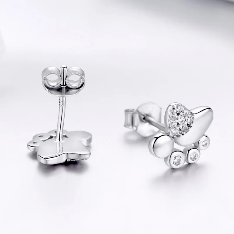 (image for) Pandora Style Silver Anti-Allergy Cute Kitten Footprints Stud Earrings - BSE033 - View 4