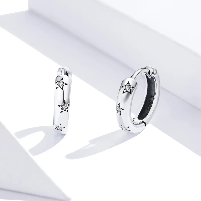 (image for) Pandora Style Silver Anti-Allergy Stars Hoop Earrings - SCE873 - View 3