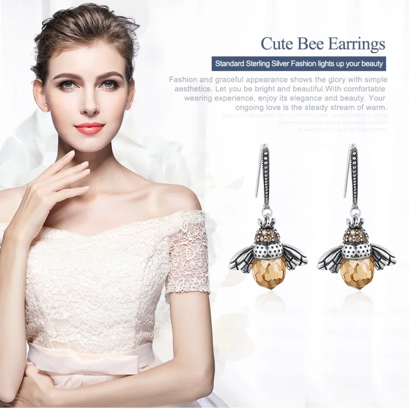 (image for) Pandora Style Silver Bee Hanging Earrings - SCE149 - View 2