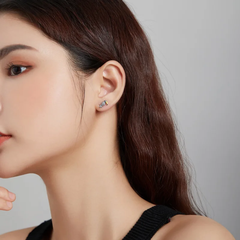 (image for) Pandora Style Silver Big Beaked Bird And Leaf Stud Earrings - SCE1083 - View 7