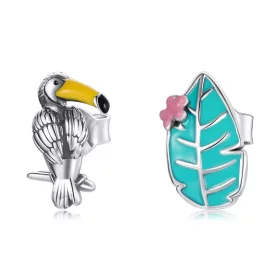 Pandora Style Silver Big Beaked Bird And Leaf Stud Earrings - SCE1083