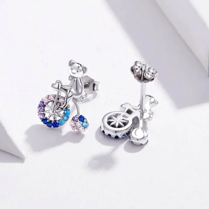 (image for) Pandora Style Silver Bike Bear Stud Earrings - SCE677 - View 4