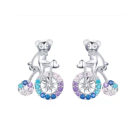 Pandora Style Silver Bike Bear Stud Earrings - SCE677