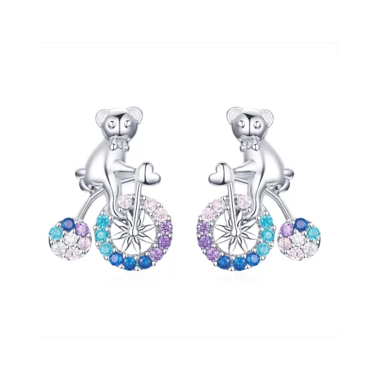 Pandora Style Silver Bike Bear Stud Earrings - SCE677