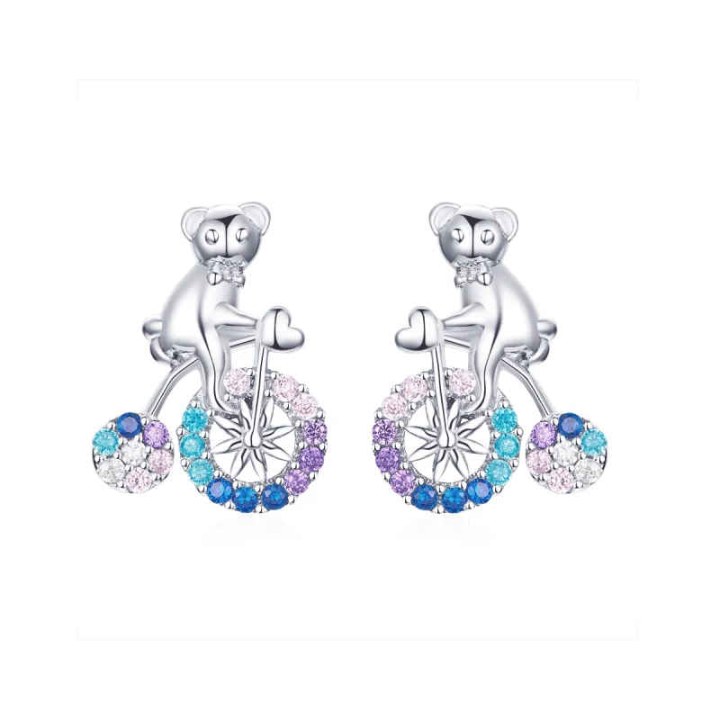 (image for) Pandora Style Silver Bike Bear Stud Earrings - SCE677 - Product Image