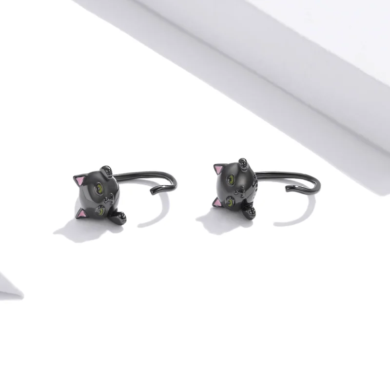 (image for) Pandora Style Silver Black Cat Stud Earrings - SCE1125 - View 4