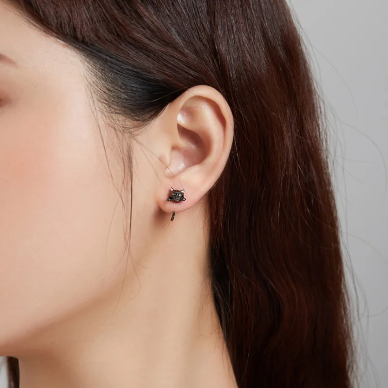 (image for) Pandora Style Silver Black Cat Stud Earrings - SCE1125 - View 5