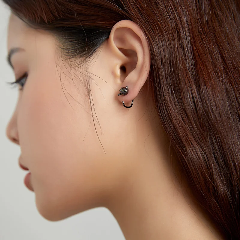 (image for) Pandora Style Silver Black Cat Stud Earrings - SCE1125 - View 6