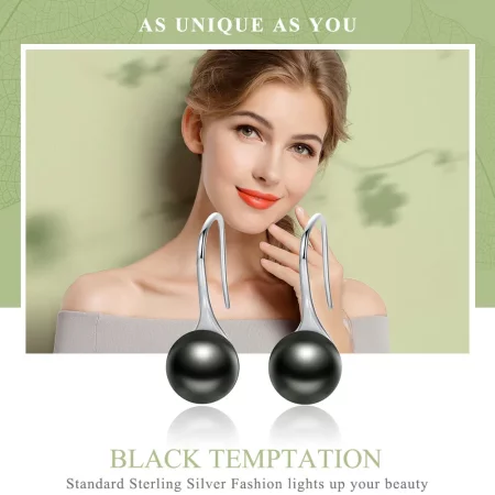 Pandora Style Silver Black Pearl Hanging Earrings - SCE144