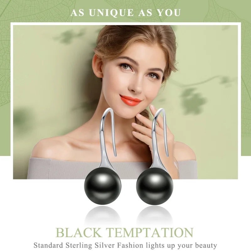 (image for) Pandora Style Silver Black Pearl Hanging Earrings - SCE144 - View 3