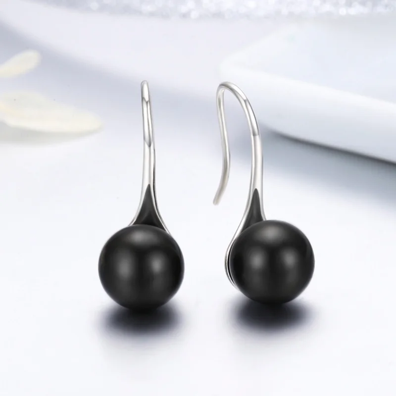 (image for) Pandora Style Silver Black Pearl Hanging Earrings - SCE144 - View 5