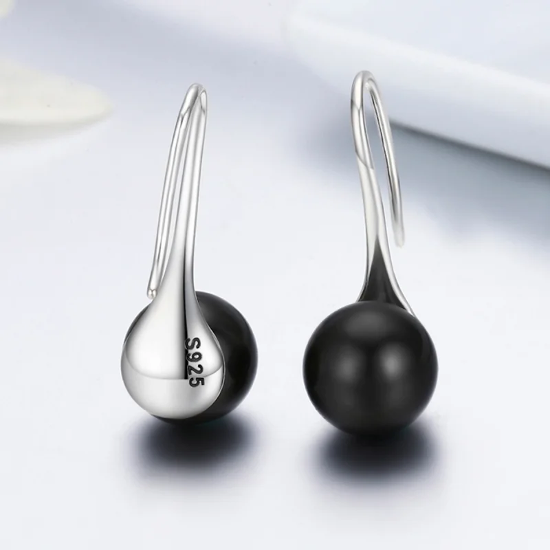 (image for) Pandora Style Silver Black Pearl Hanging Earrings - SCE144 - View 6