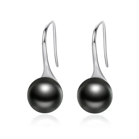 Pandora Style Silver Black Pearl Hanging Earrings - SCE144