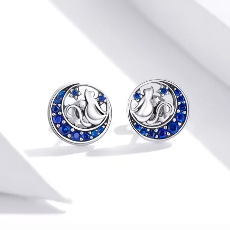 Pandora Style Silver Blue Moon & Kitty Stud Earrings - SCE880