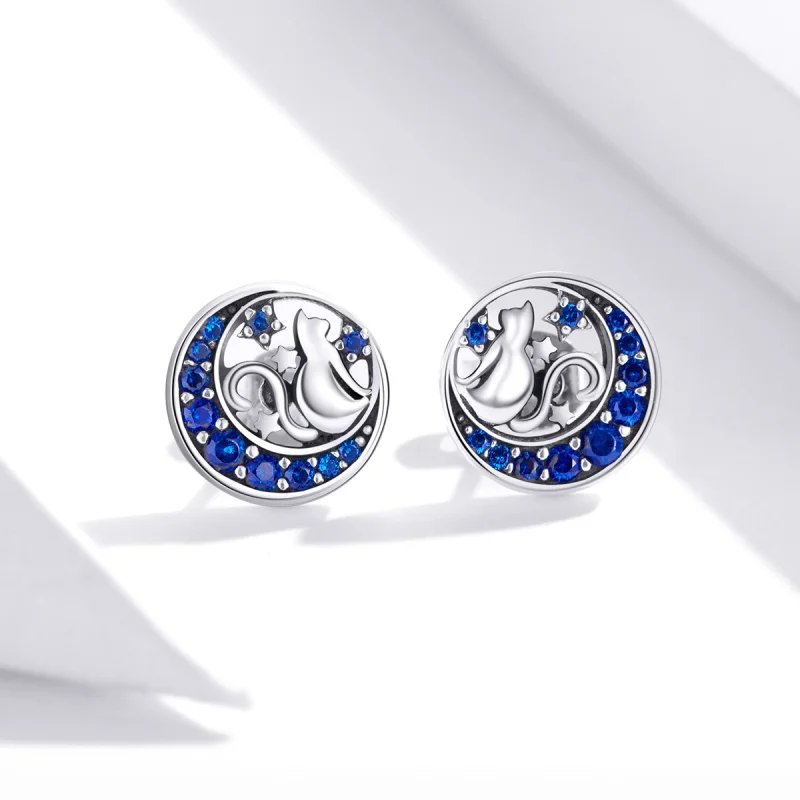 (image for) Pandora Style Silver Blue Moon & Kitty Stud Earrings - SCE880 - View 2